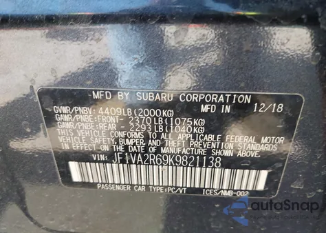 2019 Subaru Wrx Sti from USA, damaged, VIN JF1VA2R69K9821138